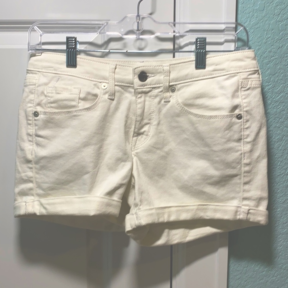 White mid rise jean shorts